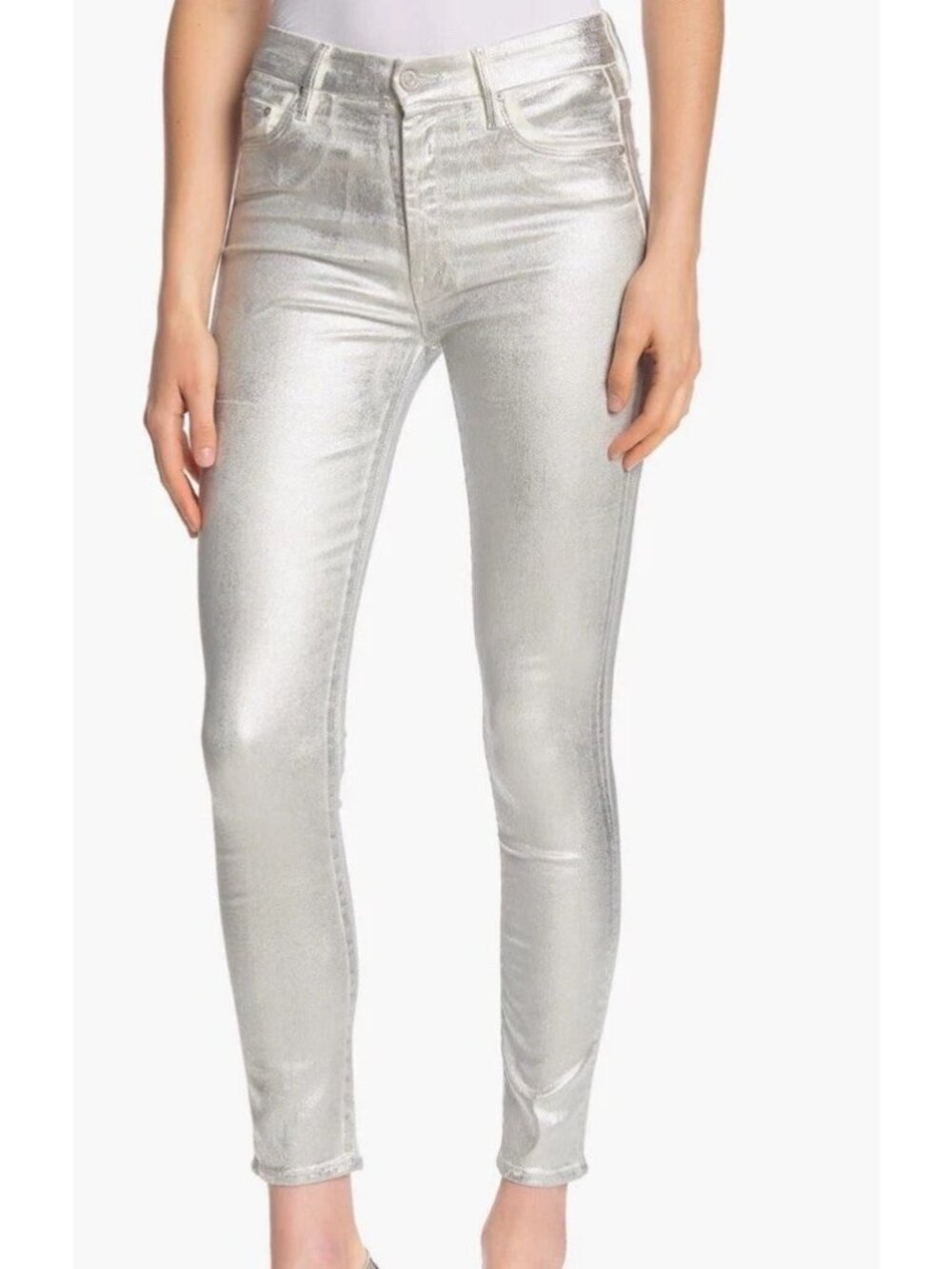 MOTHER‎ High Waisted Looker Ankle Jeans in Silver Linings Sparkle